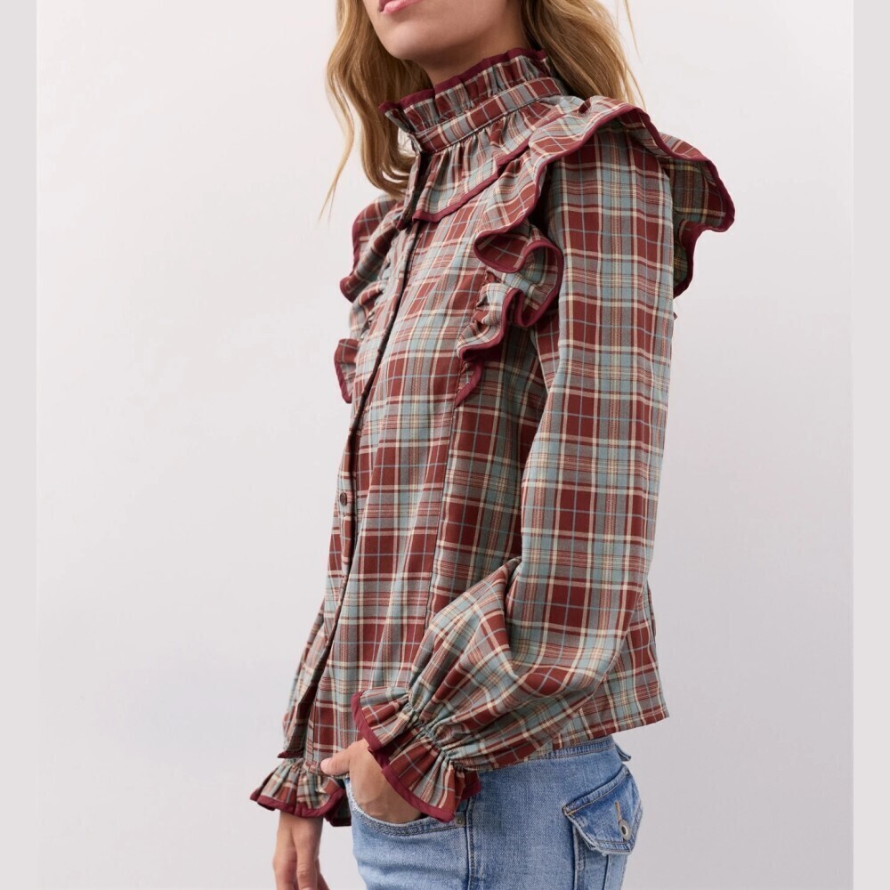 Rust Red Plaid Ruffle Trim Stand Collar Button Up Blouse